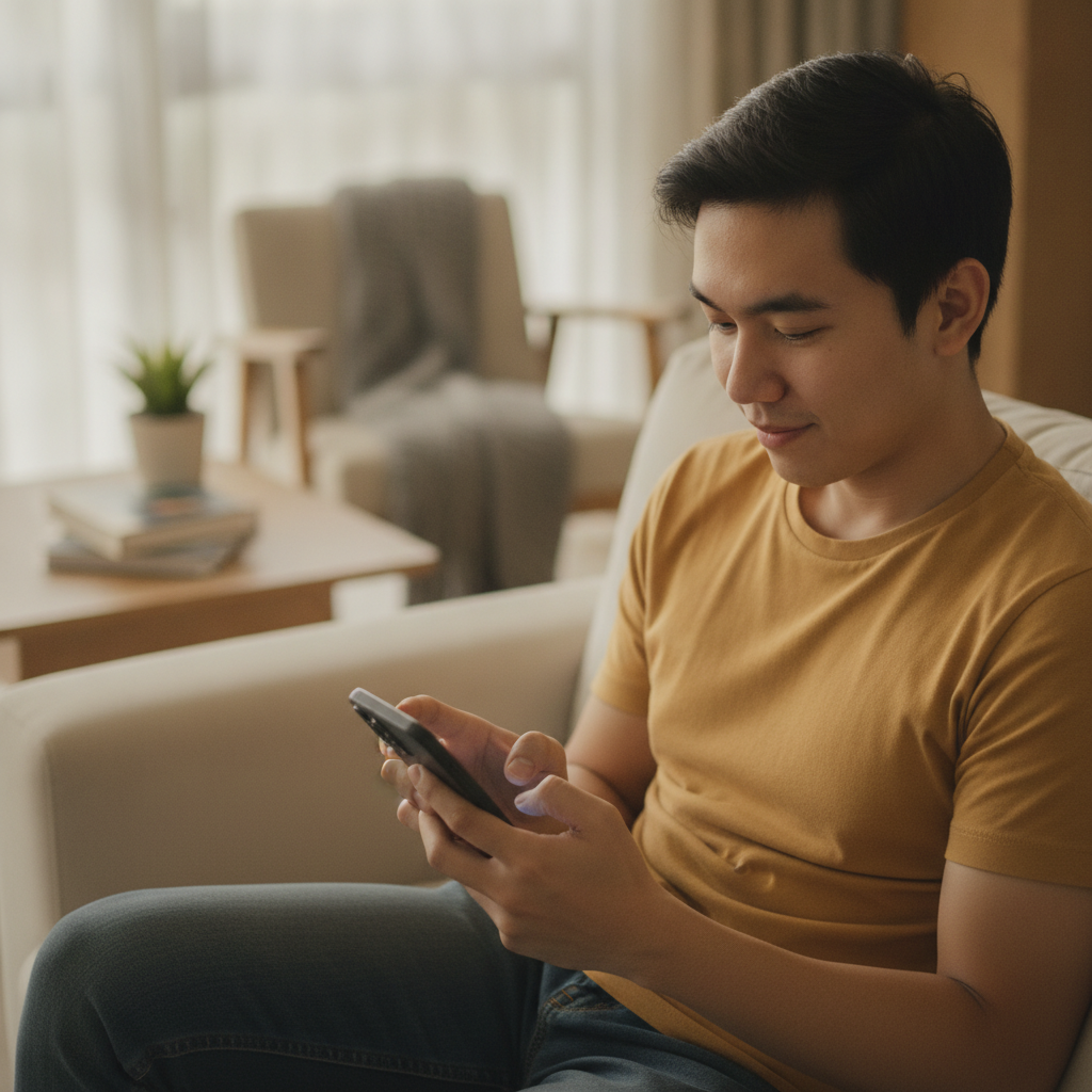 Filipino player using smartphone to browse online casino options at home